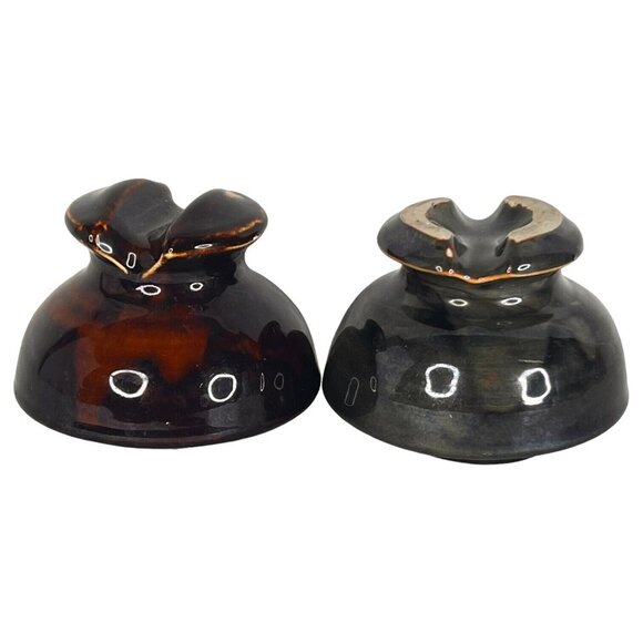 2 Ceramic Insulator Saddle Top Gray Brown Black Drip Glaze B Telephone Wire VTG - Picture 4 of 7